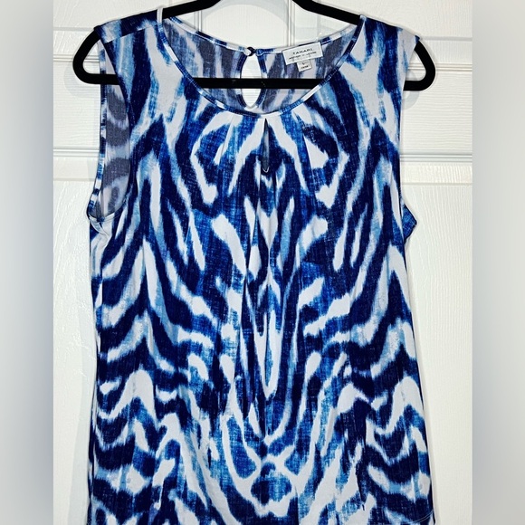 Tahari ASL Blue/Ivory Tie Dye Stretch Jersey Pleated Top - Size Large - Picture 1 of 5